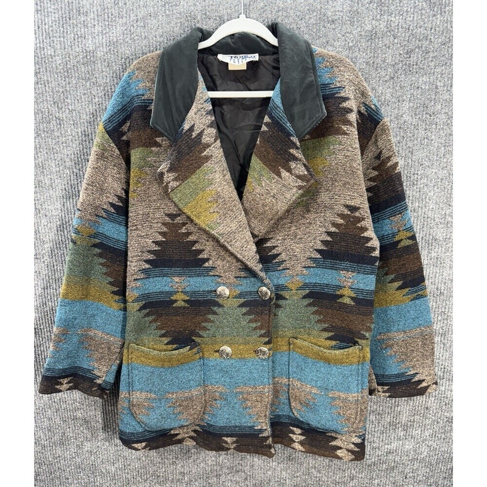 Vintage Roper Rodeo Blue Aztec Jacket Medium Silver Buttons Barn Chore Coat